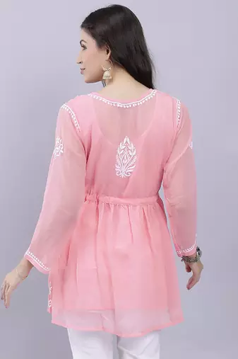 hand embroidered peach georgette lucknowi chikankari top with slip