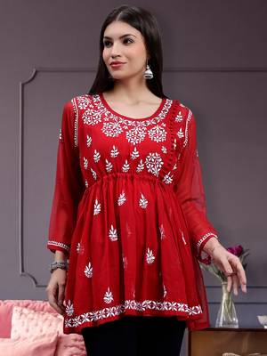 hand embroidered maroon georgette lucknowi chikankari top with slip 1