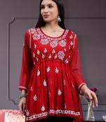 hand embroidered maroon georgette lucknowi chikankari top with slip