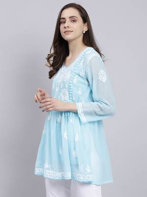 hand embroidered blue georgette lucknowi chikankari top with slip 3