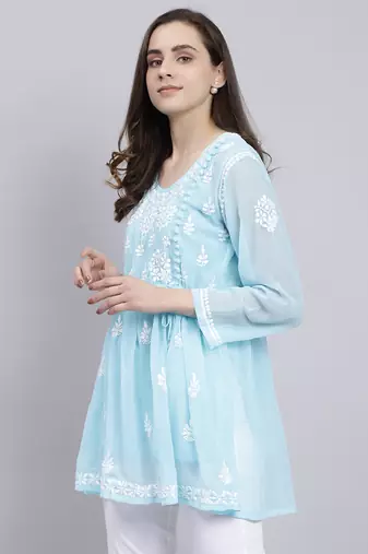 hand embroidered blue georgette lucknowi chikankari top with slip