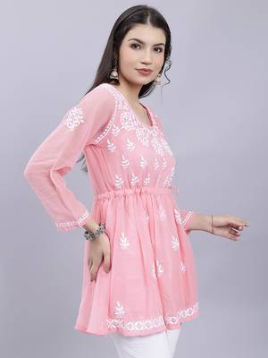 hand embroidered peach georgette lucknowi chikankari top with slip 3