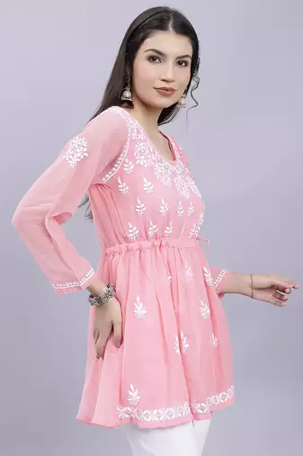 hand embroidered peach georgette lucknowi chikankari top with slip