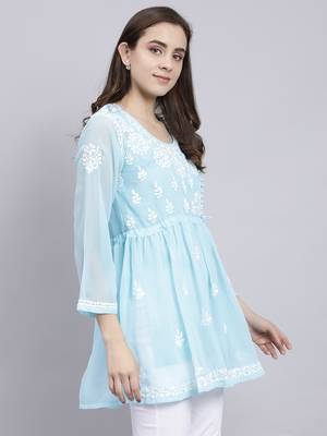 hand embroidered blue georgette lucknowi chikankari top with slip 4