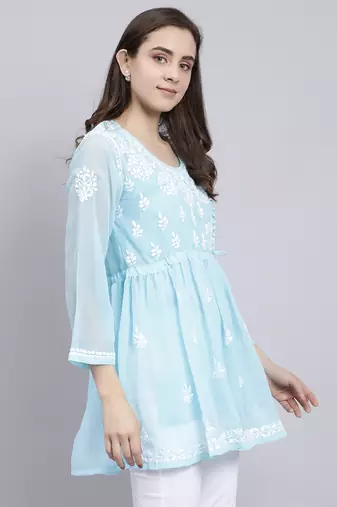 hand embroidered blue georgette lucknowi chikankari top with slip