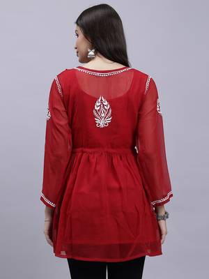 hand embroidered maroon georgette lucknowi chikankari top with slip 2