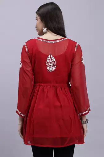 hand embroidered maroon georgette lucknowi chikankari top with slip