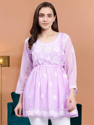 hand embroidered lavender georgette lucknowi chikankari top with slip 1