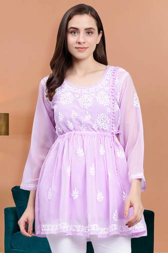 hand embroidered lavender georgette lucknowi chikankari top with slip