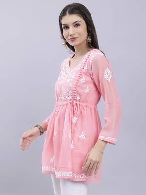 hand embroidered peach georgette lucknowi chikankari top with slip 4