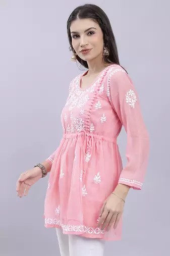 hand embroidered peach georgette lucknowi chikankari top with slip