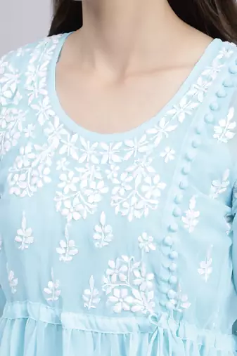 hand embroidered blue georgette lucknowi chikankari top with slip