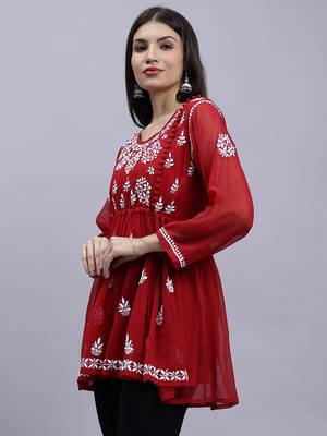 hand embroidered maroon georgette lucknowi chikankari top with slip 3