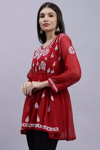 hand embroidered maroon georgette lucknowi chikankari top with slip