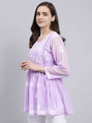 hand embroidered lavender georgette lucknowi chikankari top with slip 3