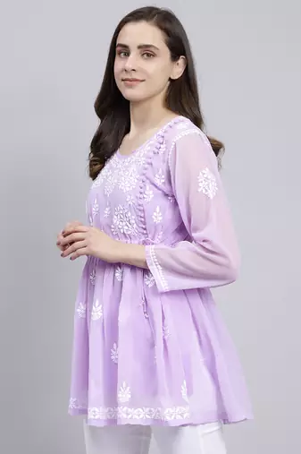 hand embroidered lavender georgette lucknowi chikankari top with slip