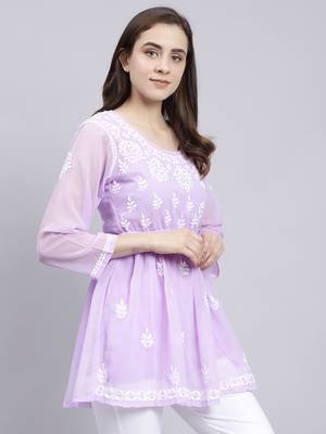 hand embroidered lavender georgette lucknowi chikankari top with slip 4