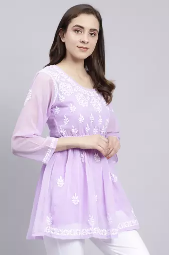 hand embroidered lavender georgette lucknowi chikankari top with slip