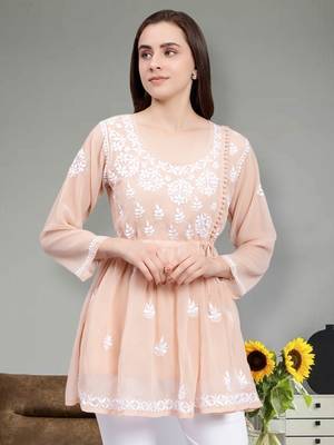 hand embroidered dusty beige georgette lucknowi chikankari top with slip 1