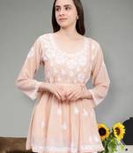 hand embroidered dusty beige georgette lucknowi chikankari top with slip