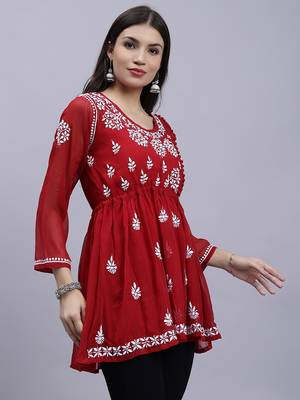 hand embroidered maroon georgette lucknowi chikankari top with slip 4