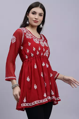 hand embroidered maroon georgette lucknowi chikankari top with slip