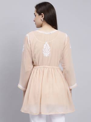 hand embroidered dusty beige georgette lucknowi chikankari top with slip 2