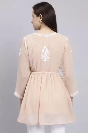 hand embroidered dusty beige georgette lucknowi chikankari top with slip