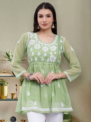 hand embroidered green georgette lucknowi chikankari top with slip 1