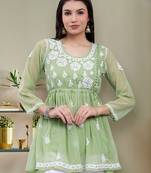 hand embroidered green georgette lucknowi chikankari top with slip