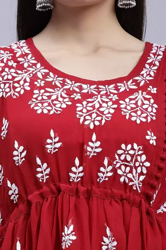 hand embroidered maroon georgette lucknowi chikankari top with slip