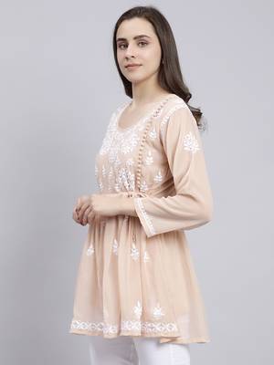 hand embroidered dusty beige georgette lucknowi chikankari top with slip 3