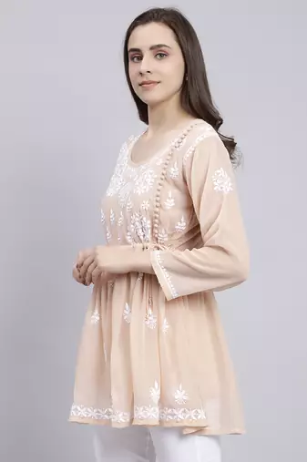 hand embroidered dusty beige georgette lucknowi chikankari top with slip