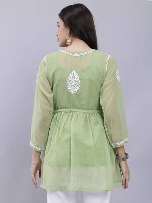 hand embroidered green georgette lucknowi chikankari top with slip 2