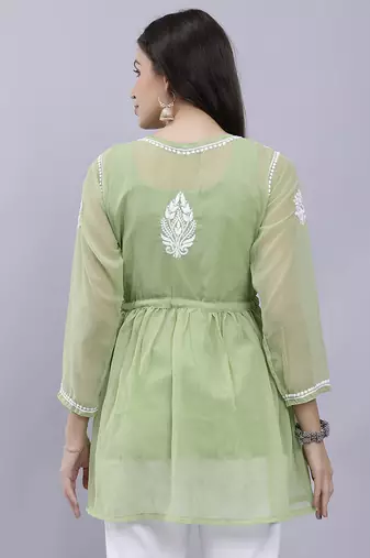 hand embroidered green georgette lucknowi chikankari top with slip