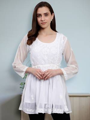 hand embroidered white georgette lucknowi chikankari top with slip 1