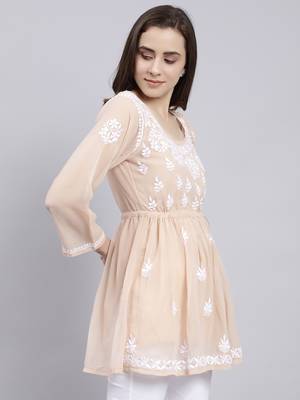 hand embroidered dusty beige georgette lucknowi chikankari top with slip 4