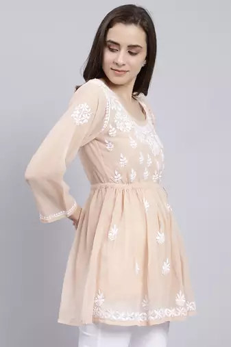 hand embroidered dusty beige georgette lucknowi chikankari top with slip