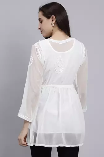 hand embroidered white georgette lucknowi chikankari top with slip