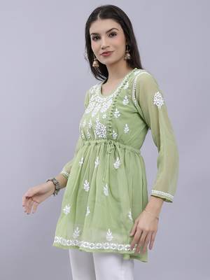 hand embroidered green georgette lucknowi chikankari top with slip 3