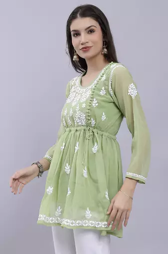 hand embroidered green georgette lucknowi chikankari top with slip