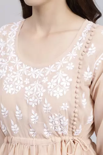 hand embroidered dusty beige georgette lucknowi chikankari top with slip