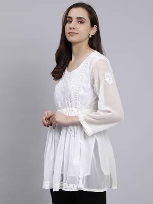 hand embroidered white georgette lucknowi chikankari top with slip 3