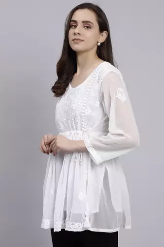 hand embroidered white georgette lucknowi chikankari top with slip