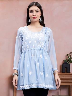 hand embroidered light blue georgette lucknowi chikankari top with slip 1