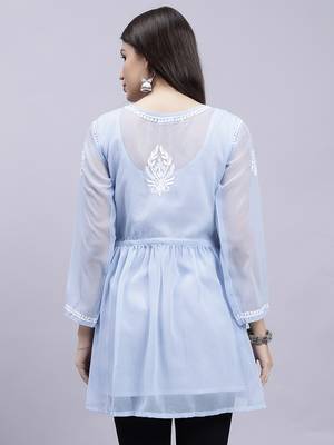 hand embroidered light blue georgette lucknowi chikankari top with slip 2