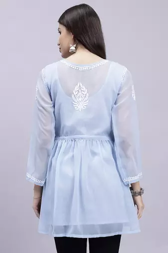 hand embroidered light blue georgette lucknowi chikankari top with slip