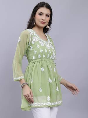 hand embroidered green georgette lucknowi chikankari top with slip 4