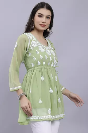 hand embroidered green georgette lucknowi chikankari top with slip