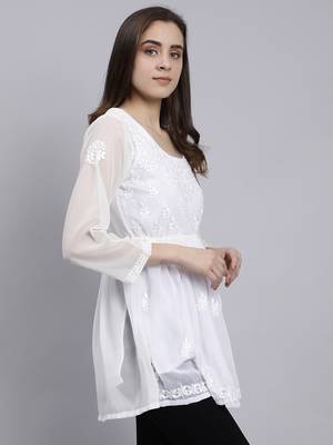 hand embroidered white georgette lucknowi chikankari top with slip 4